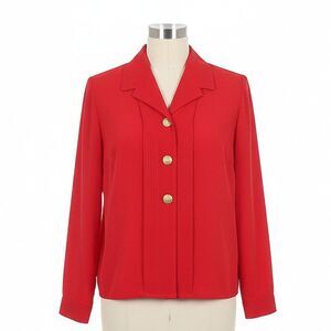 VTG 80s 90s Kathy Che Red Power Blouse Gold Buttons Shoulder Pads Sz 12P